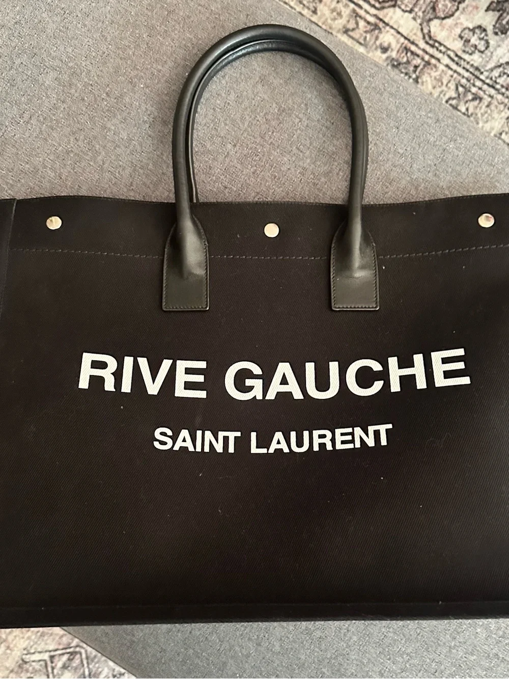 Saint Laurent Black Canvas Rive Gauche Tote with White Logo